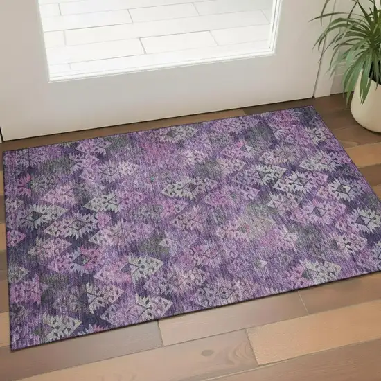 Eggplant Lavender And Gray Ikat Washable Area Rug With UV Protection Photo 2
