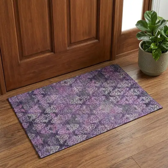 Eggplant Lavender And Gray Ikat Washable Area Rug With UV Protection Photo 1
