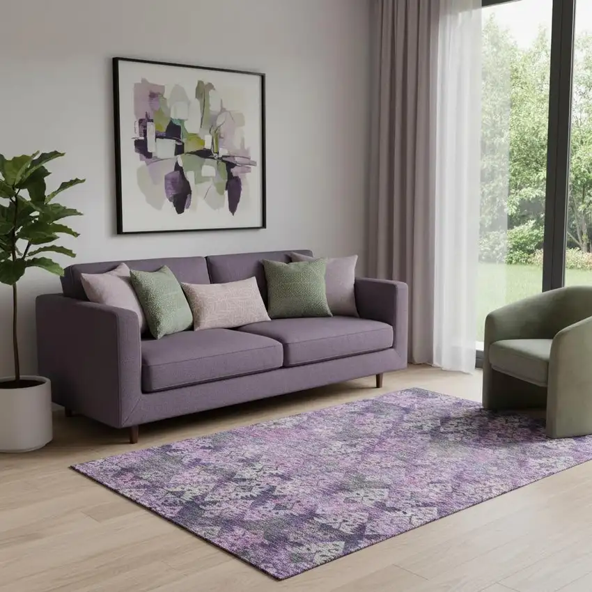 Eggplant Lavender And Gray Ikat Washable Area Rug With UV Protection Photo 2