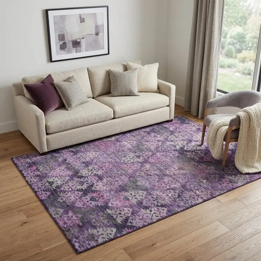Eggplant Lavender And Gray Ikat Washable Area Rug With UV Protection Photo 1