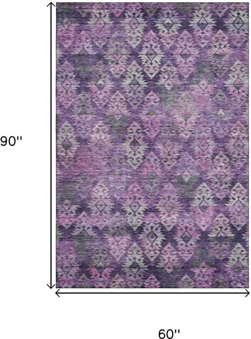 Eggplant Lavender And Gray Ikat Washable Area Rug With UV Protection Photo 7