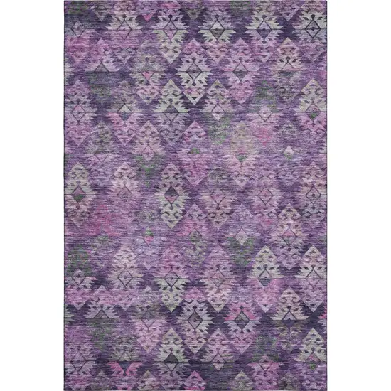 Eggplant Lavender And Gray Ikat Washable Area Rug With UV Protection Photo 1