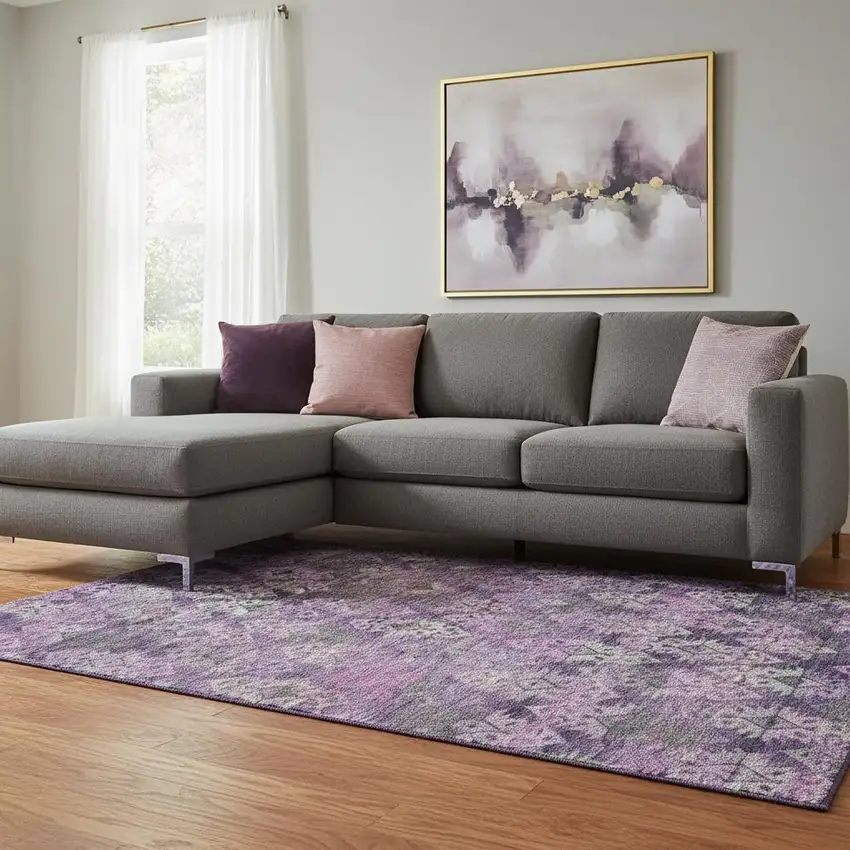 Eggplant Lavender And Gray Ikat Washable Area Rug With UV Protection Photo 2