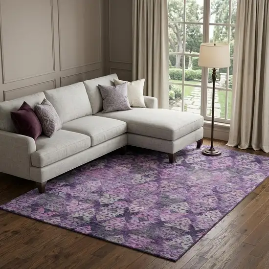 Eggplant Lavender And Gray Ikat Washable Area Rug With UV Protection Photo 1