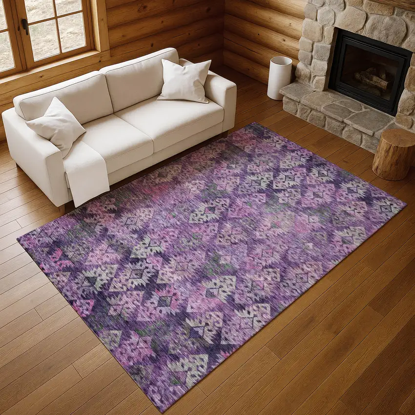 Eggplant Lavender And Gray Ikat Washable Area Rug With UV Protection Photo 5