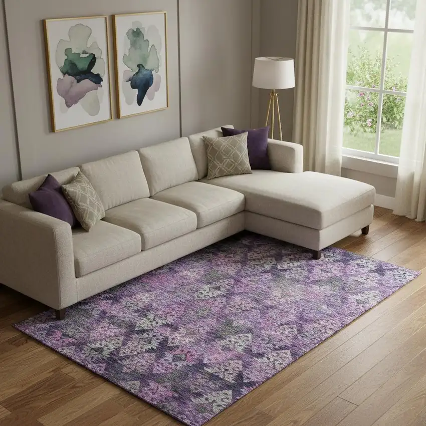 Eggplant Lavender And Gray Ikat Washable Area Rug With UV Protection Photo 2