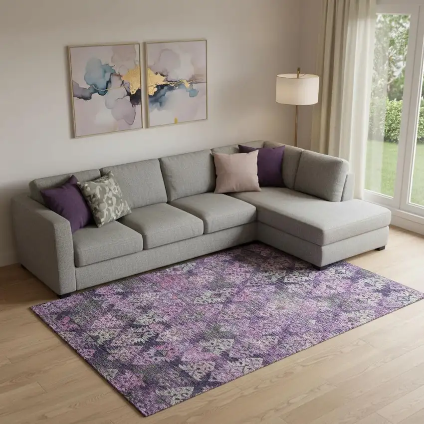 Eggplant Lavender And Gray Ikat Washable Area Rug With UV Protection Photo 2