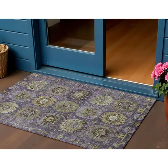 Eggplant Lavender And Olive Green Medallion Washable Indoor Outdoor Area Rug Photo 2