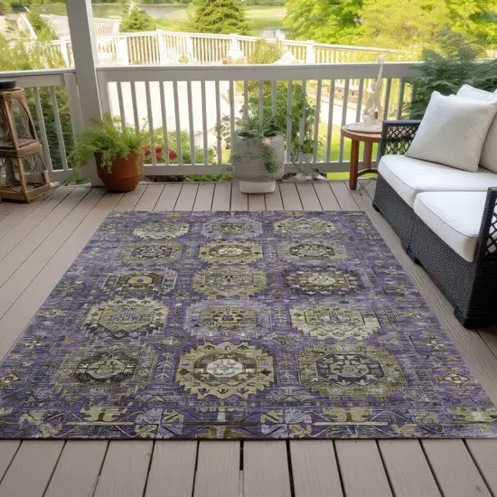 Eggplant Lavender And Olive Green Medallion Washable Indoor Outdoor Area Rug Photo 8