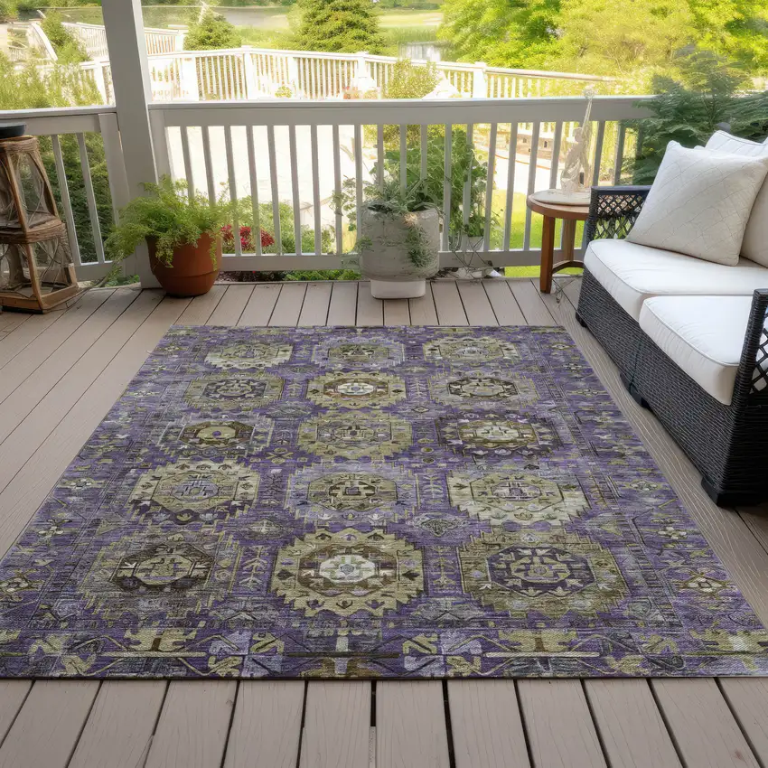 Eggplant Lavender And Olive Green Medallion Washable Indoor Outdoor Area Rug Photo 8