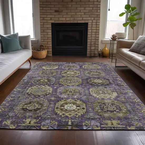 Eggplant Lavender And Olive Green Medallion Washable Indoor Outdoor Area Rug Photo 7