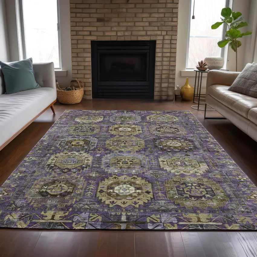 Eggplant Lavender And Olive Green Medallion Washable Indoor Outdoor Area Rug Photo 7