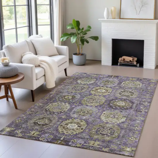 Eggplant Lavender And Olive Green Medallion Washable Indoor Outdoor Area Rug Photo 6