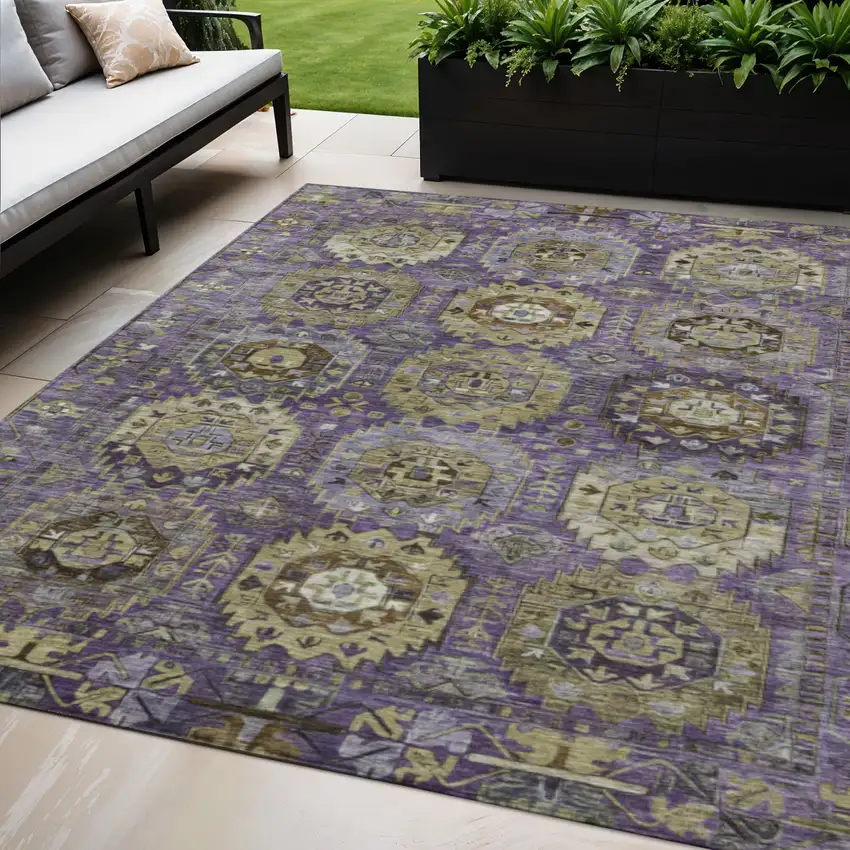 Eggplant Lavender And Olive Green Medallion Washable Indoor Outdoor Area Rug Photo 2