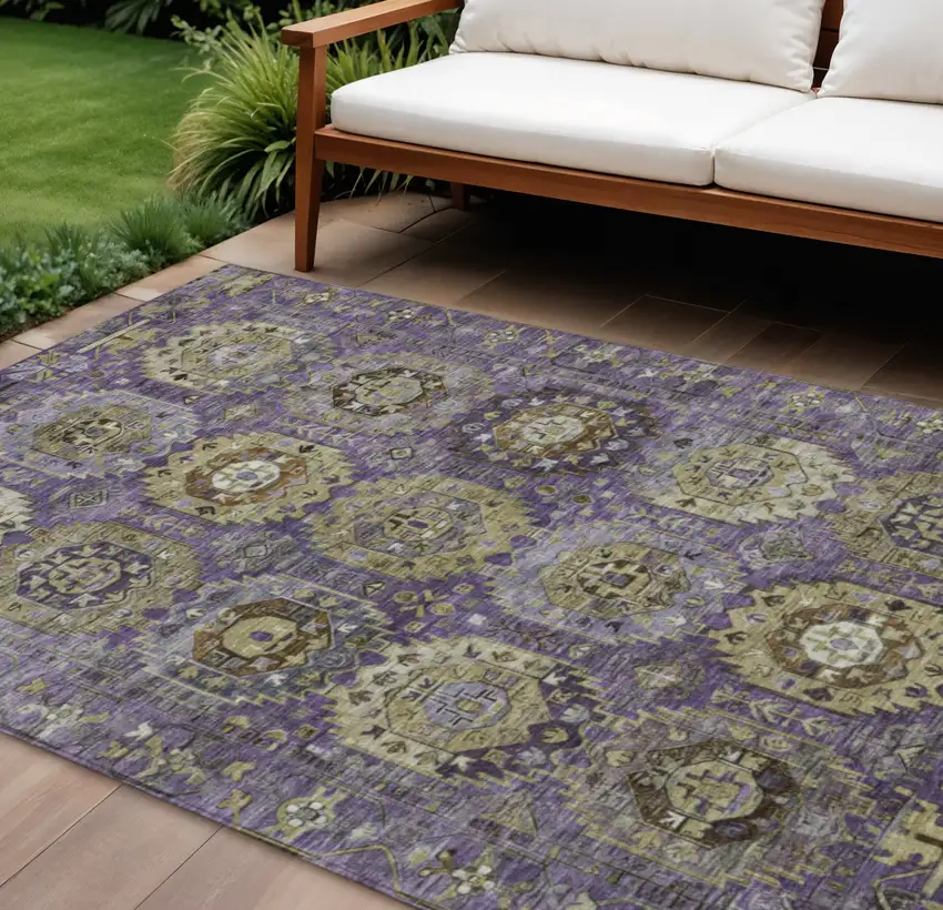 Eggplant Lavender And Olive Green Medallion Washable Indoor Outdoor Area Rug Photo 2