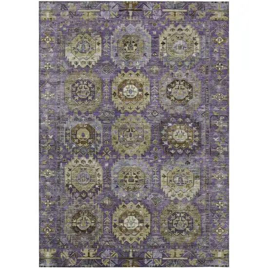 Eggplant Lavender And Olive Green Medallion Washable Indoor Outdoor Area Rug Photo 1
