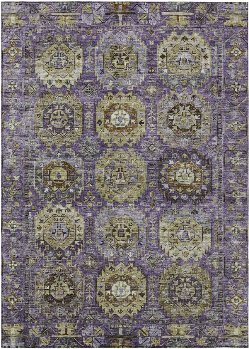 Eggplant Lavender And Olive Green Medallion Washable Indoor Outdoor Area Rug Photo 1