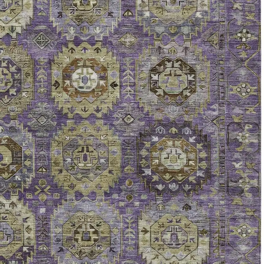 Eggplant Lavender And Olive Green Medallion Washable Indoor Outdoor Area Rug Photo 3