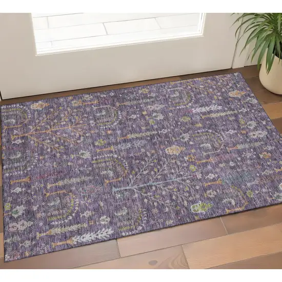 Eggplant Orange And Green Floral Washable Area Rug With UV Protection Photo 1