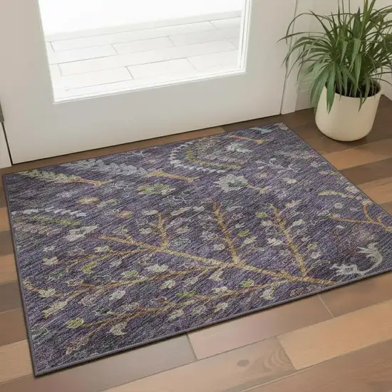 Eggplant Orange And Green Floral Washable Area Rug With UV Protection Photo 2