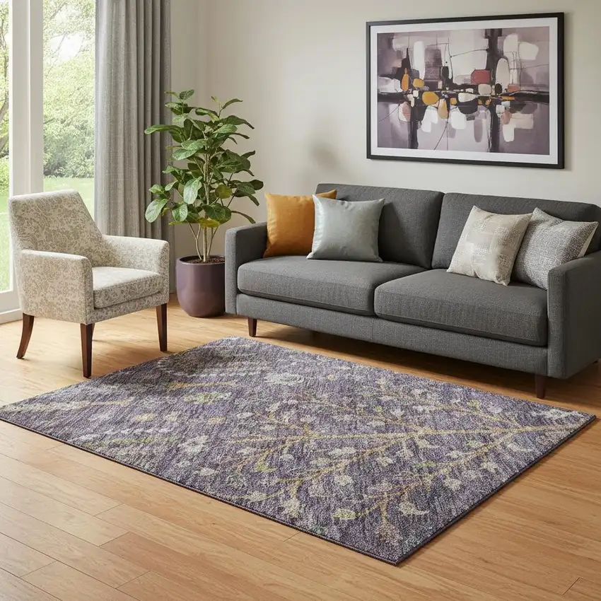 Eggplant Orange And Green Floral Washable Area Rug With UV Protection Photo 2