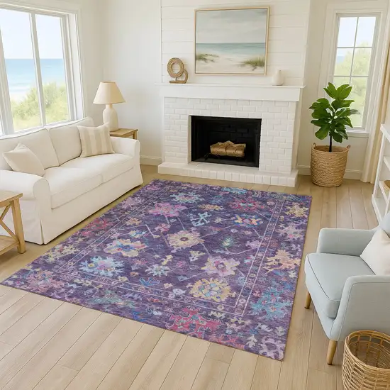 Eggplant Pink And Gold Floral Washable Indoor Outdoor Area Rug Photo 9