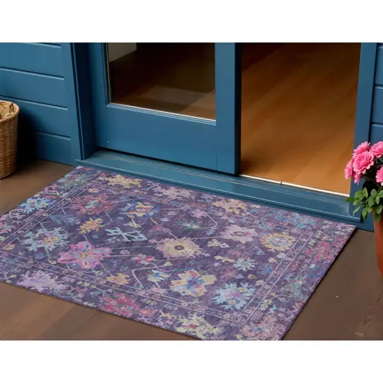 Eggplant Pink And Gold Floral Washable Indoor Outdoor Area Rug Photo 1