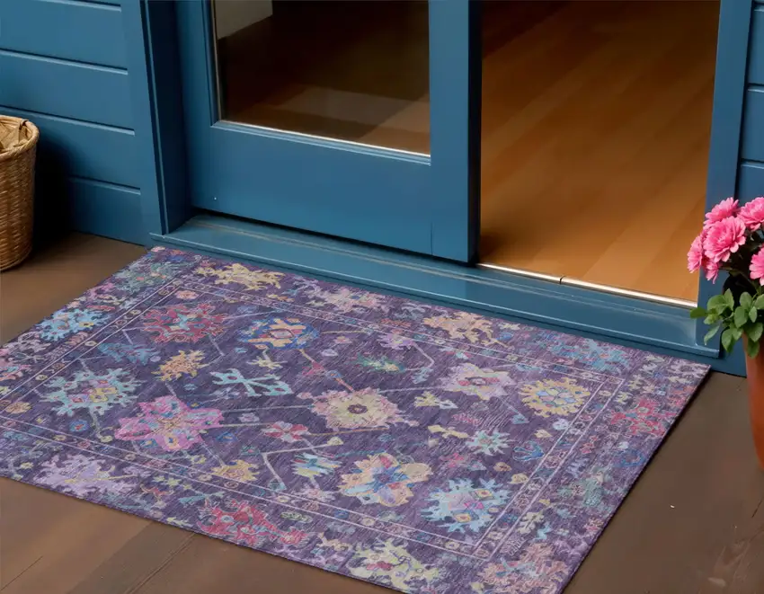 Eggplant Pink And Gold Floral Washable Indoor Outdoor Area Rug Photo 1