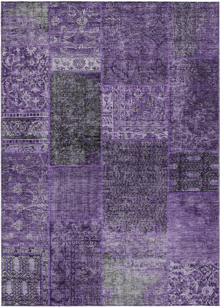 Eggplant Purple And Charcoal Patchwork Washable Indoor Outdoor Area Rug Photo 2