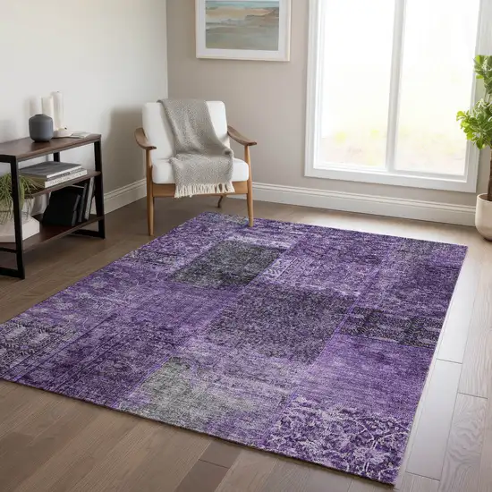 Eggplant Purple And Charcoal Patchwork Washable Indoor Outdoor Area Rug Photo 9