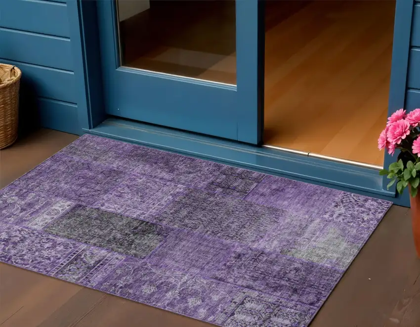 Eggplant Purple And Charcoal Patchwork Washable Indoor Outdoor Area Rug Photo 1