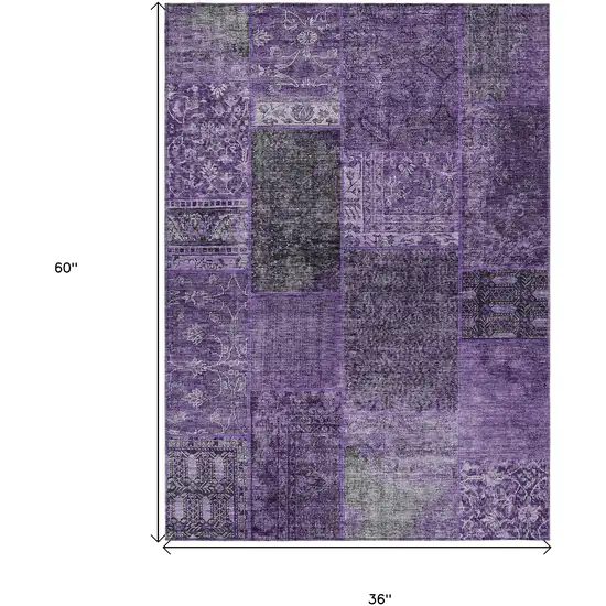 Eggplant Purple And Charcoal Patchwork Washable Indoor Outdoor Area Rug Photo 3