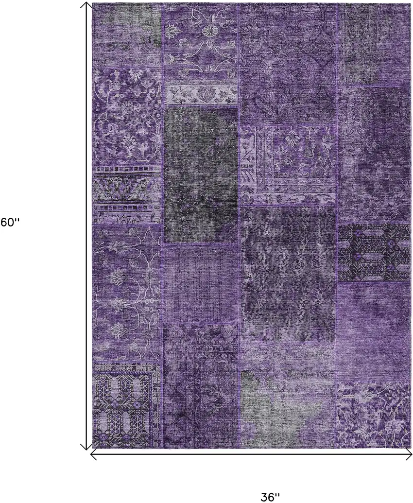Eggplant Purple And Charcoal Patchwork Washable Indoor Outdoor Area Rug Photo 3