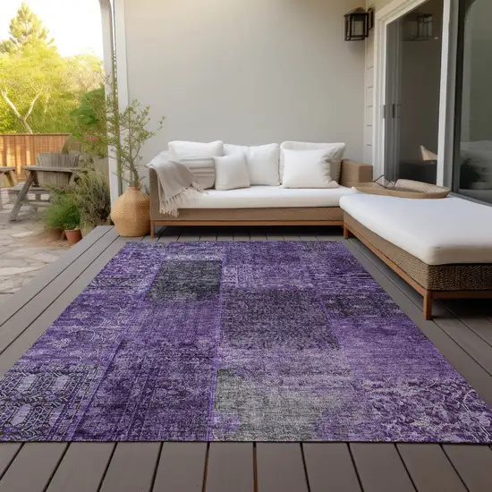 Eggplant Purple And Charcoal Patchwork Washable Indoor Outdoor Area Rug Photo 8
