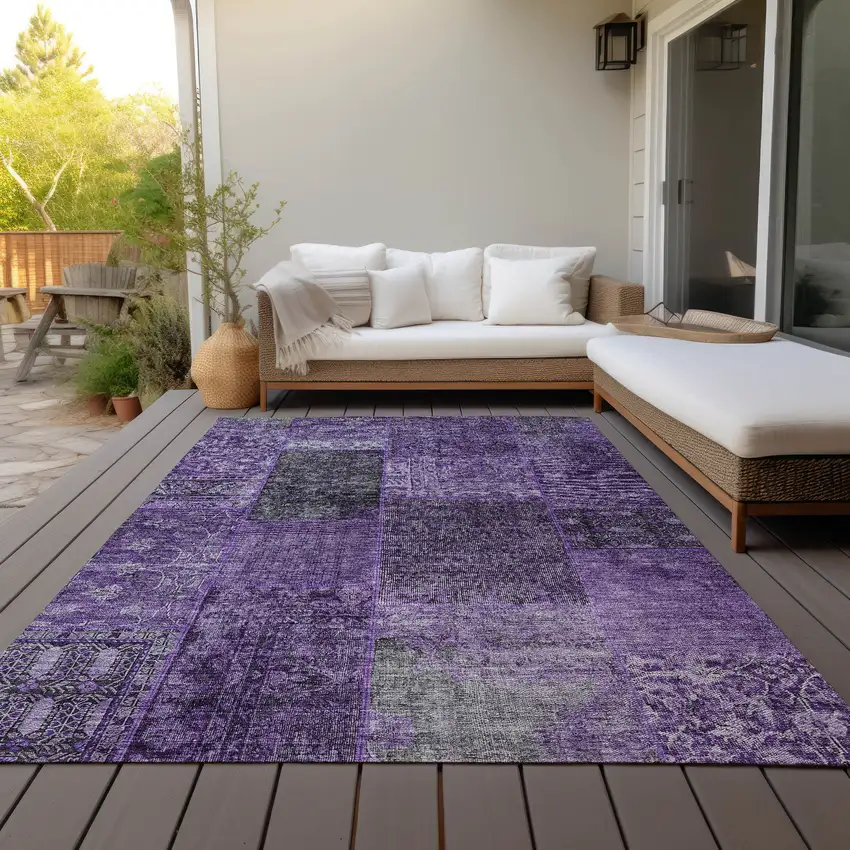 Eggplant Purple And Charcoal Patchwork Washable Indoor Outdoor Area Rug Photo 8