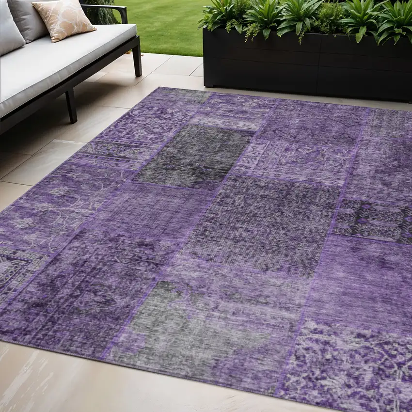 Eggplant Purple And Charcoal Patchwork Washable Indoor Outdoor Area Rug Photo 1