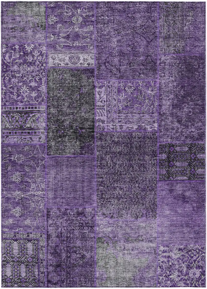 Eggplant Purple And Charcoal Patchwork Washable Indoor Outdoor Area Rug Photo 2