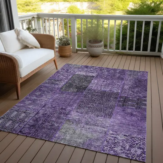 Eggplant Purple And Charcoal Patchwork Washable Indoor Outdoor Area Rug Photo 9
