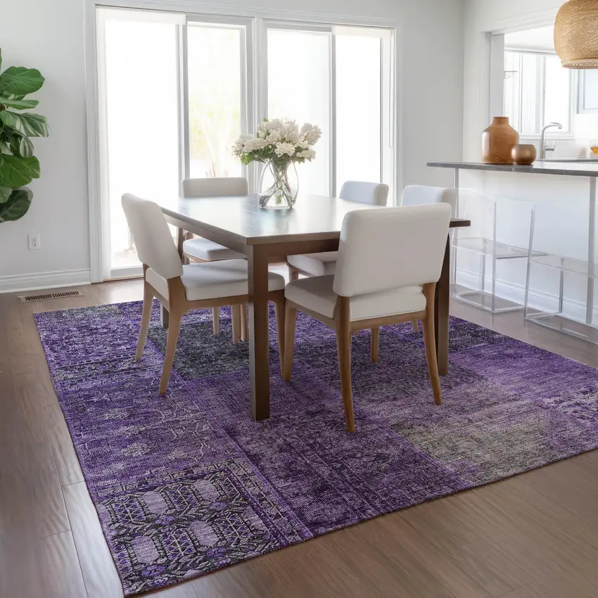 Eggplant Purple And Charcoal Patchwork Washable Indoor Outdoor Area Rug Photo 9