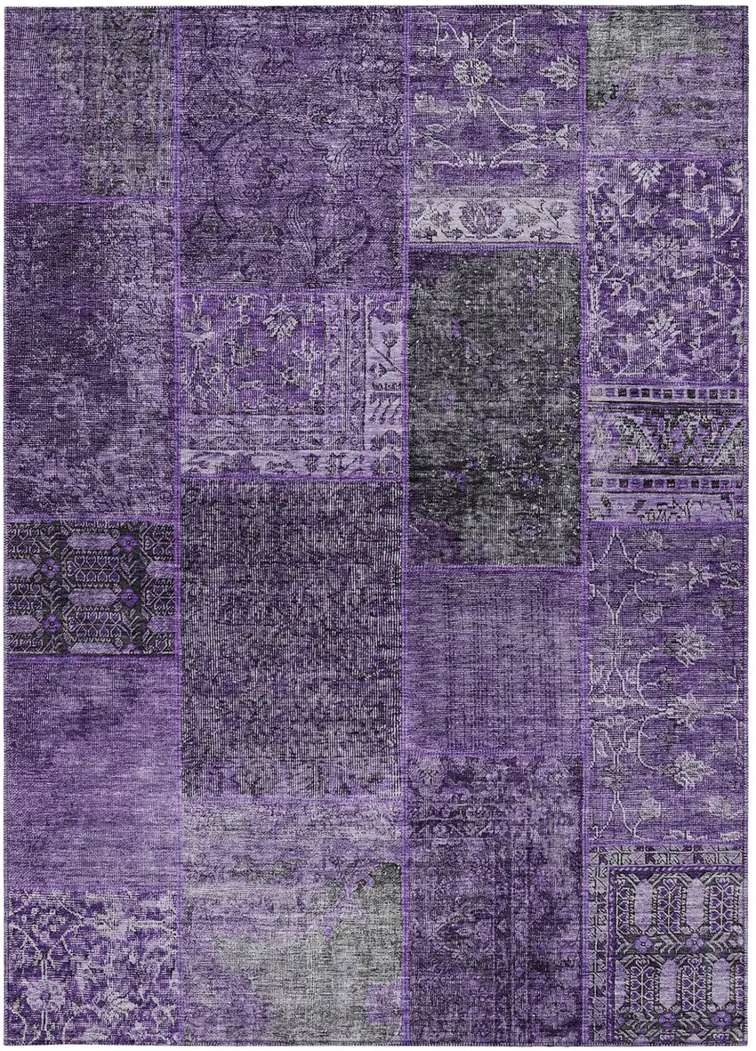 Eggplant Purple And Charcoal Patchwork Washable Indoor Outdoor Area Rug Photo 6