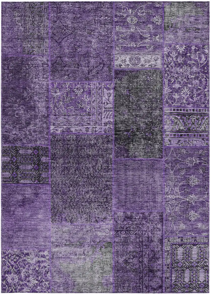 Eggplant Purple And Charcoal Patchwork Washable Indoor Outdoor Area Rug Photo 6