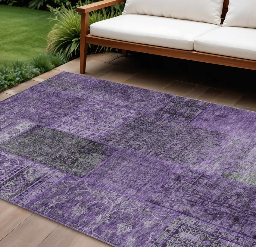 Eggplant Purple And Charcoal Patchwork Washable Indoor Outdoor Area Rug Photo 1