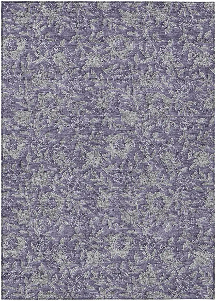 Eggplant Purple And Gray Floral Washable Indoor Outdoor Area Rug Photo 2