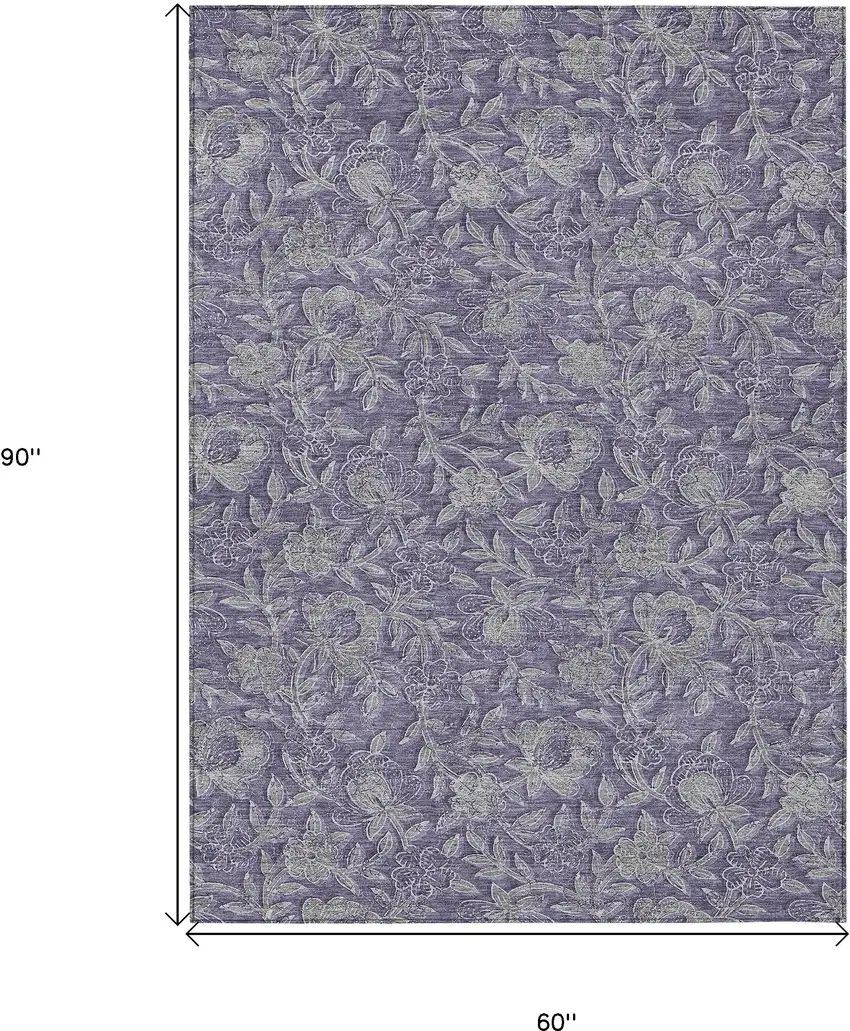 Eggplant Purple And Gray Floral Washable Indoor Outdoor Area Rug Photo 3