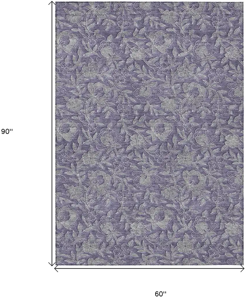 Eggplant Purple And Gray Floral Washable Indoor Outdoor Area Rug Photo 3