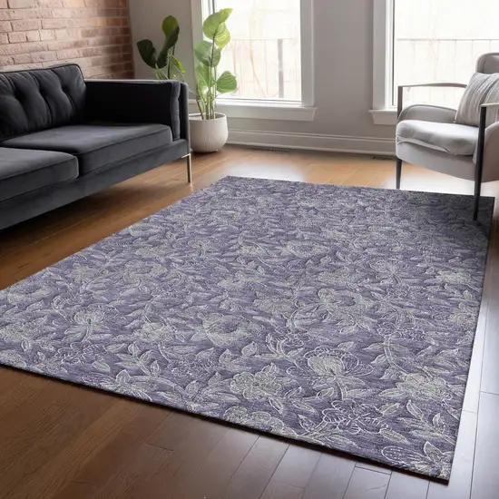 Eggplant Purple And Gray Floral Washable Indoor Outdoor Area Rug Photo 7