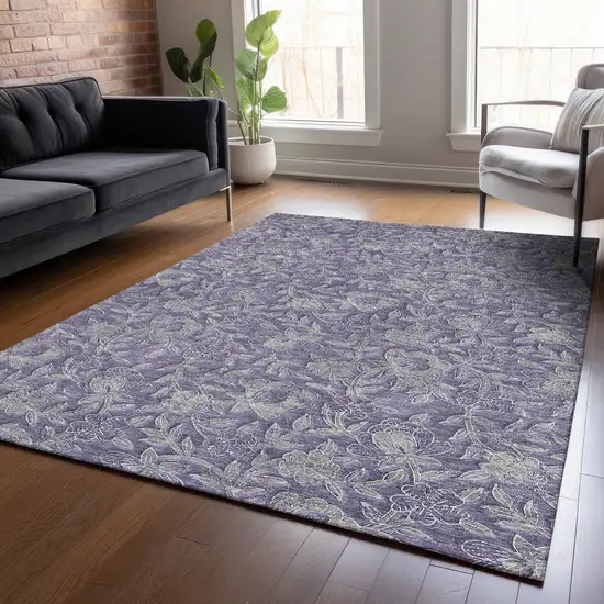 Eggplant Purple And Gray Floral Washable Indoor Outdoor Area Rug Photo 7