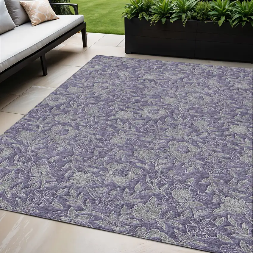Eggplant Purple And Gray Floral Washable Indoor Outdoor Area Rug Photo 1