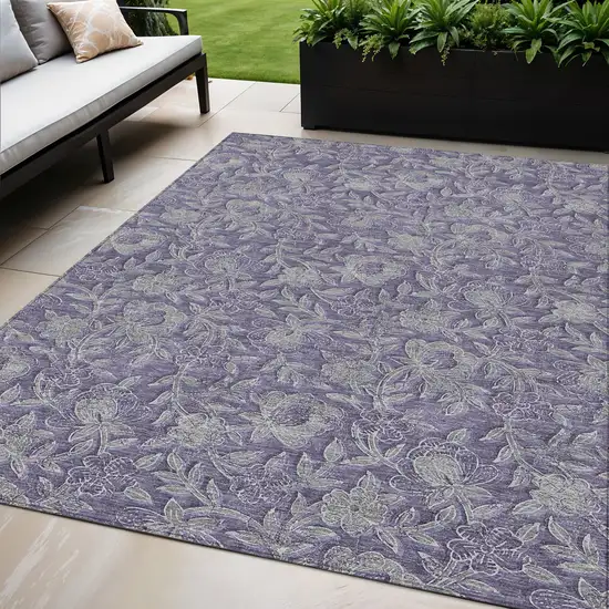 Eggplant Purple And Gray Floral Washable Indoor Outdoor Area Rug Photo 1