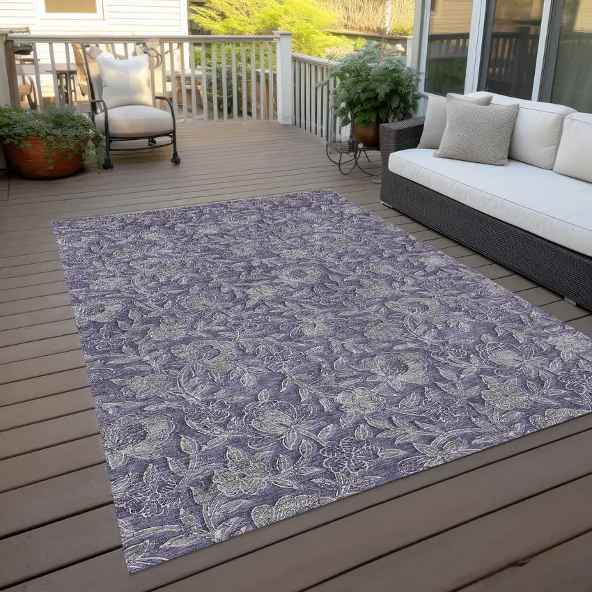 Eggplant Purple And Gray Floral Washable Indoor Outdoor Area Rug Photo 9